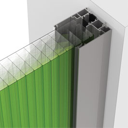 Detailansicht des vertikalen Verglasungsprofils mit thermischer Trennung